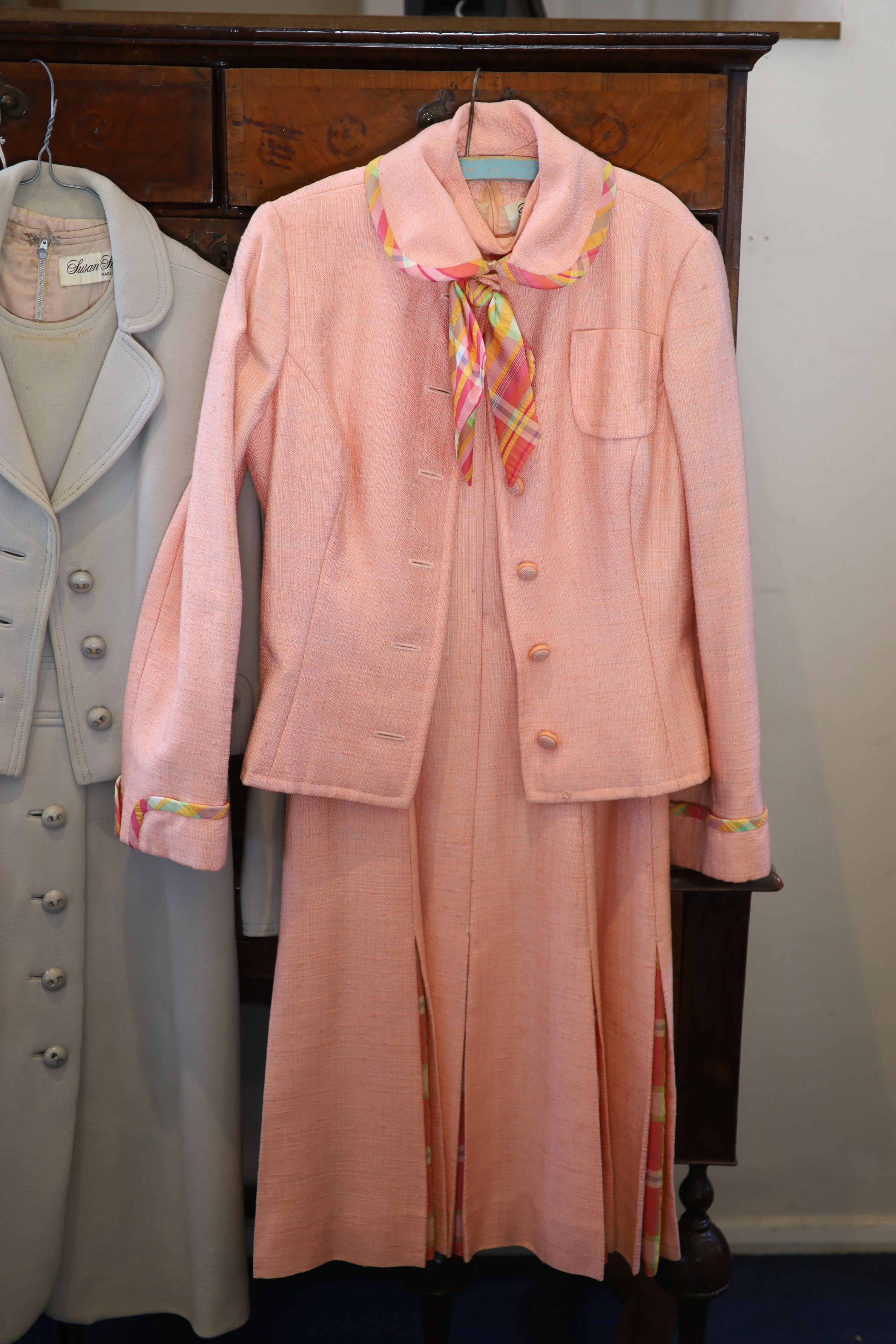 Three Susan Small dress and jacket suits and a lurex kaftan